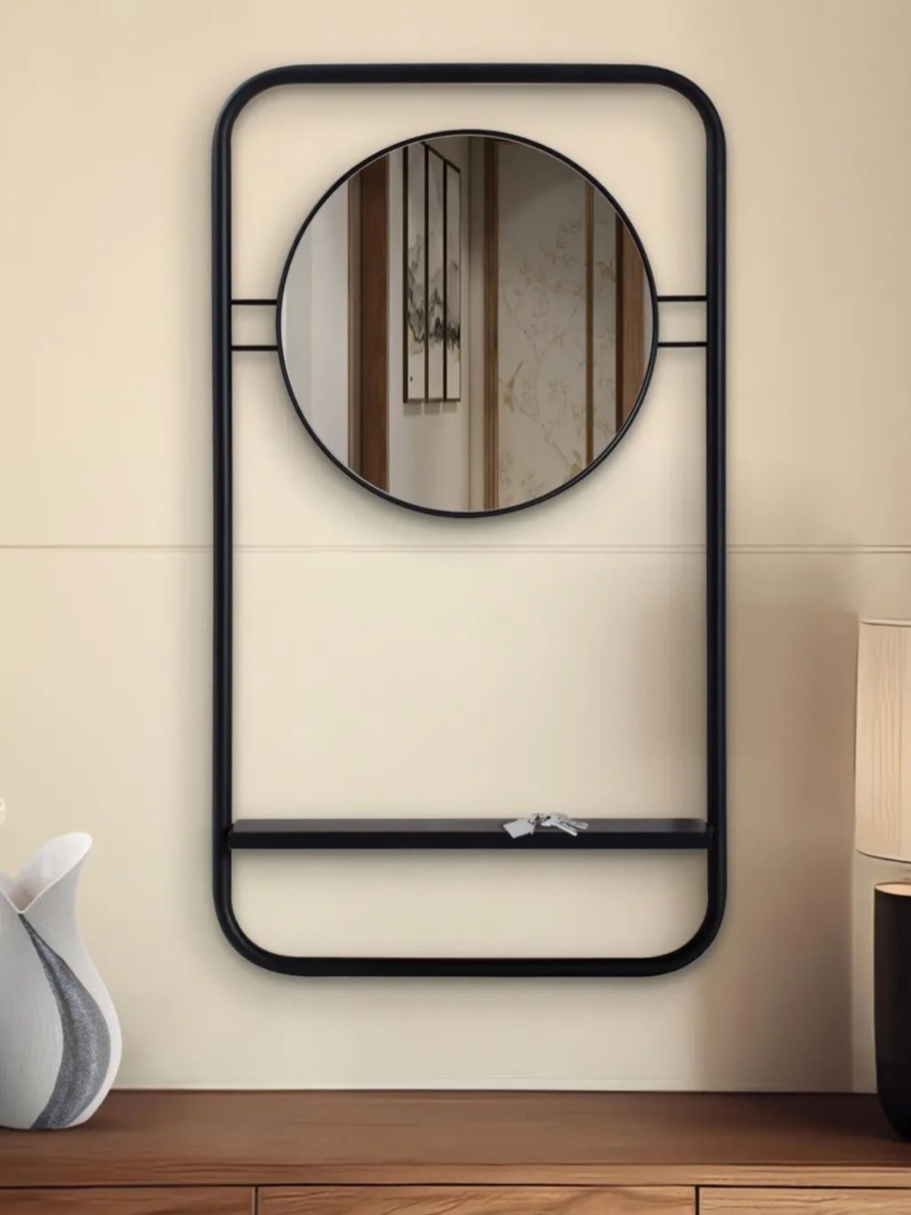 NIB Howard Elliott Collins Black Metal Wall Mirror w/ Shelf